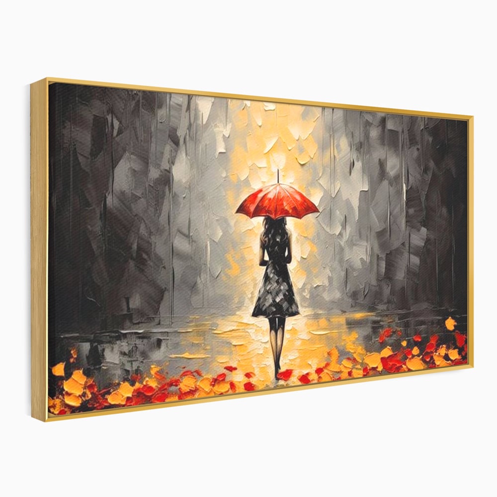 Leinwandbilder LuxCanva Premium Leinwandbilder® G1033, Herbst, Single, Regen, Regenschirm, Rot, Blätter, Schritte, Herbst, Frauen, Frauen, Wohnen, Schlafzimmer, Lebendige Farben