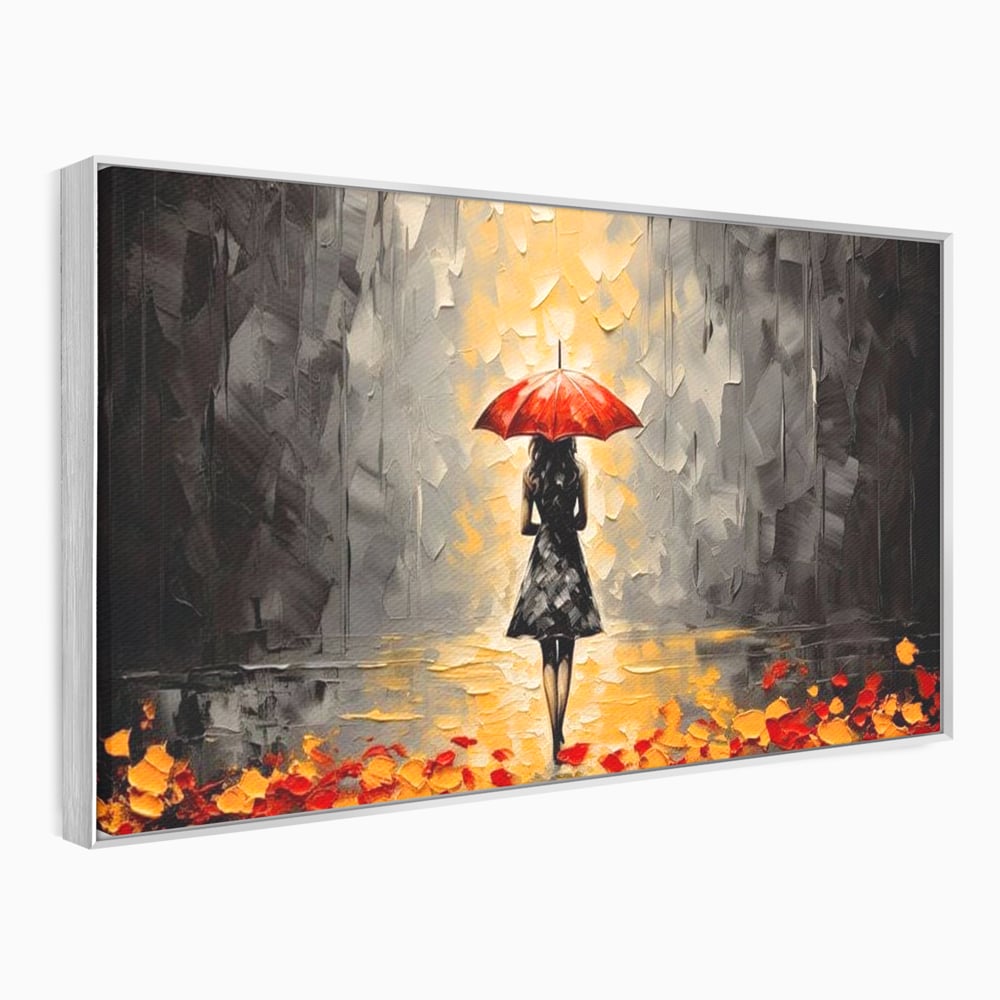 Leinwandbilder LuxCanva Premium Leinwandbilder® G1033, Herbst, Single, Regen, Regenschirm, Rot, Blätter, Schritte, Herbst, Frauen, Frauen, Wohnen, Schlafzimmer, Lebendige Farben