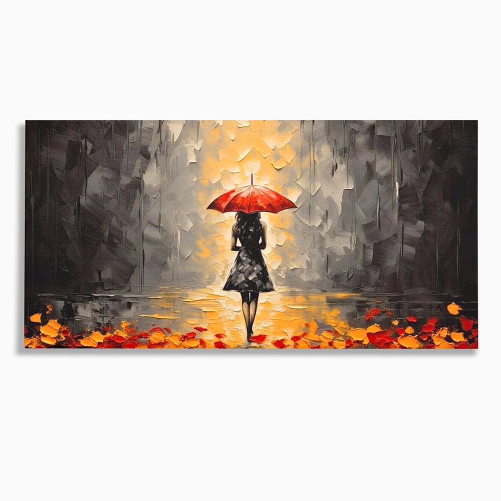 Leinwandbilder LuxCanva Premium Leinwandbilder® G1033, Herbst, Single, Regen, Regenschirm, Rot, Blätter, Schritte, Herbst, Frauen, Frauen, Wohnen, Schlafzimmer, Lebendige Farben
