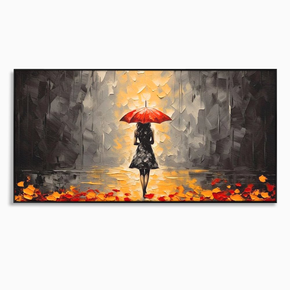 Leinwandbilder LuxCanva Premium Leinwandbilder® G1033, Herbst, Single, Regen, Regenschirm, Rot, Blätter, Schritte, Herbst, Frauen, Frauen, Wohnen, Schlafzimmer, Lebendige Farben