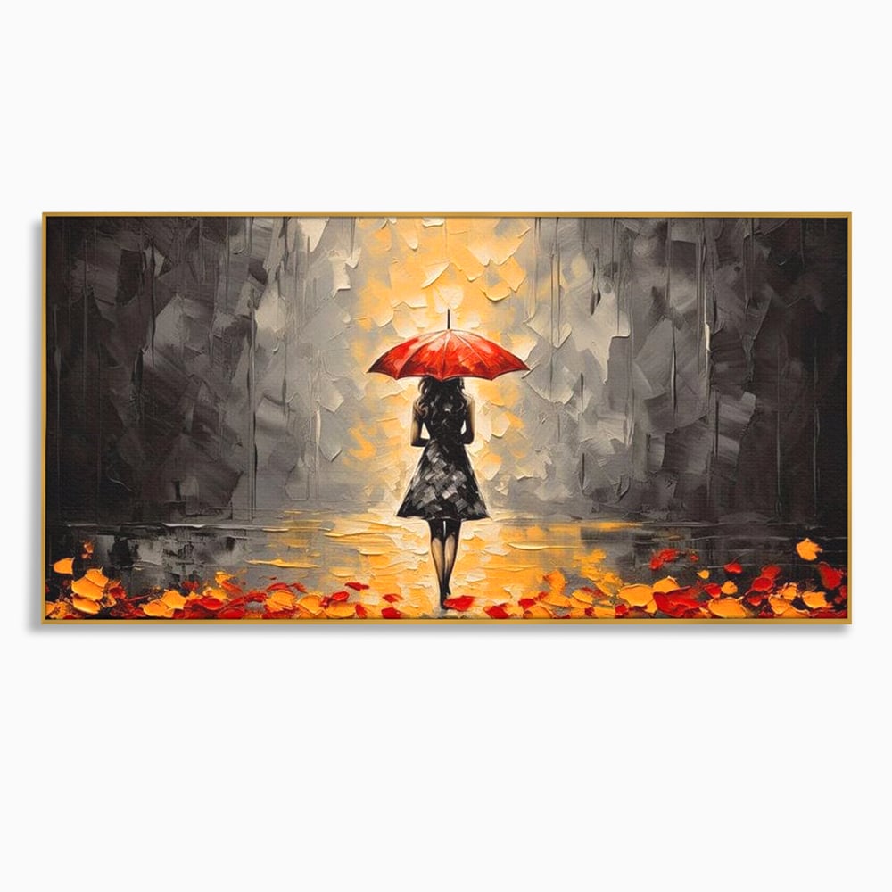 Leinwandbilder LuxCanva Premium Leinwandbilder® G1033, Herbst, Single, Regen, Regenschirm, Rot, Blätter, Schritte, Herbst, Frauen, Frauen, Wohnen, Schlafzimmer, Lebendige Farben