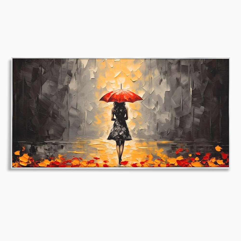 Leinwandbilder LuxCanva Premium Leinwandbilder® G1033, Herbst, Single, Regen, Regenschirm, Rot, Blätter, Schritte, Herbst, Frauen, Frauen, Wohnen, Schlafzimmer, Lebendige Farben