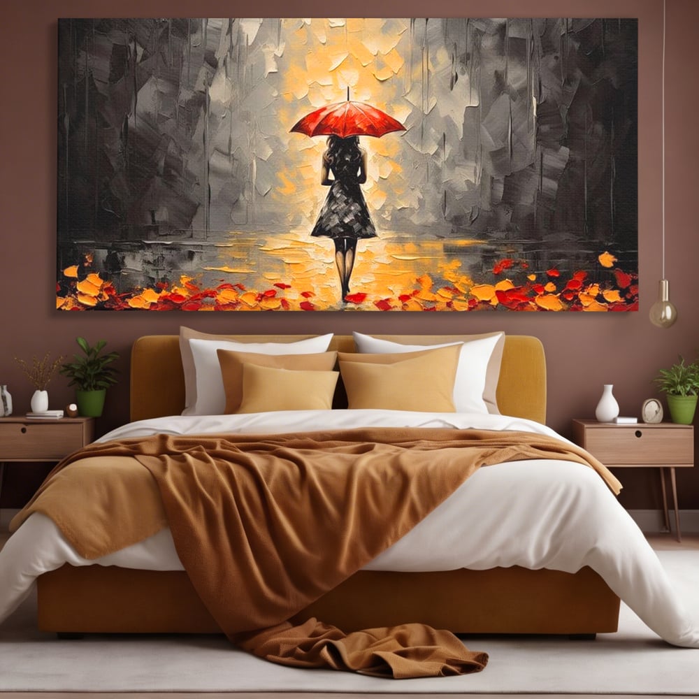 Leinwandbilder LuxCanva Premium Leinwandbilder® G1033, Herbst, Single, Regen, Regenschirm, Rot, Blätter, Schritte, Herbst, Frauen, Frauen, Wohnen, Schlafzimmer, Lebendige Farben
