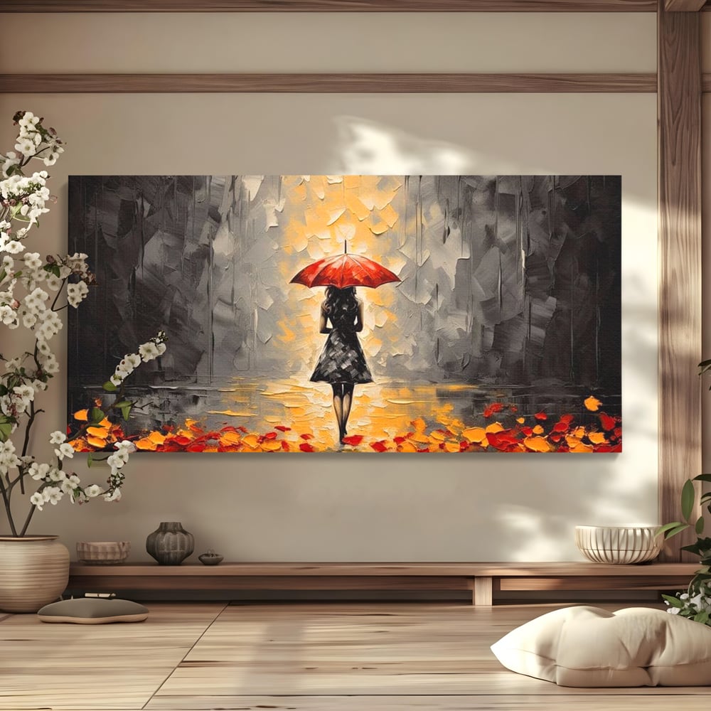 Leinwandbilder LuxCanva Premium Leinwandbilder® G1033, Herbst, Single, Regen, Regenschirm, Rot, Blätter, Schritte, Herbst, Frauen, Frauen, Wohnen, Schlafzimmer, Lebendige Farben