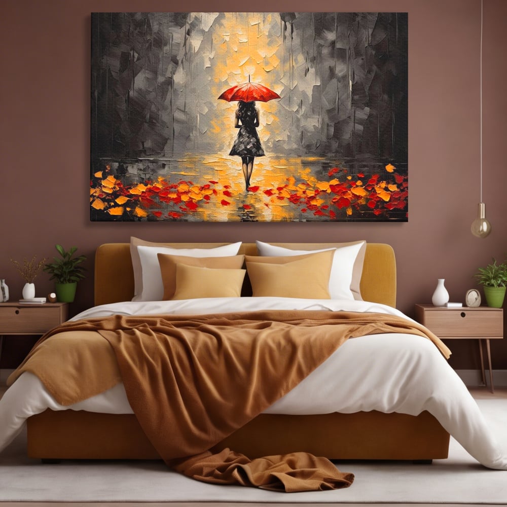 Leinwandbilder LuxCanva Premium Leinwandbilder® G1033, Herbst, Single, Regen, Regenschirm, Rot, Blätter, Schritte, Herbst, Frauen, Frauen, Wohnen, Schlafzimmer, Lebendige Farben