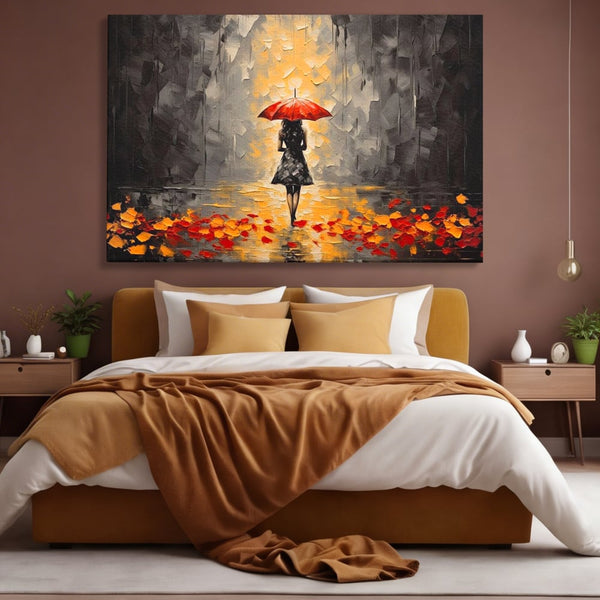 Leinwandbilder LuxCanva Premium Leinwandbilder® G1033, Herbst, Single, Regen, Regenschirm, Rot, Blätter, Schritte, Herbst, Frauen, Frauen, Wohnen, Schlafzimmer, Lebendige Farben