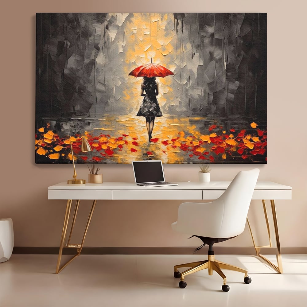 Leinwandbilder LuxCanva Premium Leinwandbilder® G1033, Herbst, Single, Regen, Regenschirm, Rot, Blätter, Schritte, Herbst, Frauen, Frauen, Wohnen, Schlafzimmer, Lebendige Farben