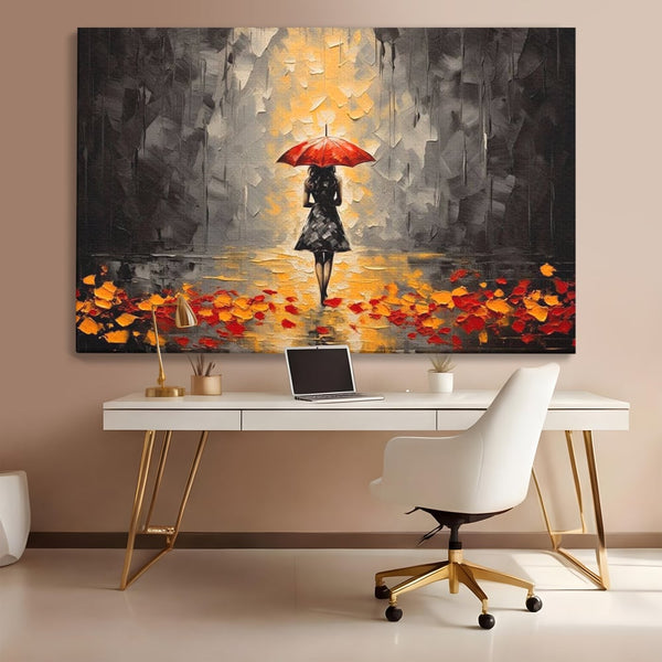 Leinwandbilder LuxCanva Premium Leinwandbilder® G1033, Herbst, Single, Regen, Regenschirm, Rot, Blätter, Schritte, Herbst, Frauen, Frauen, Wohnen, Schlafzimmer, Lebendige Farben