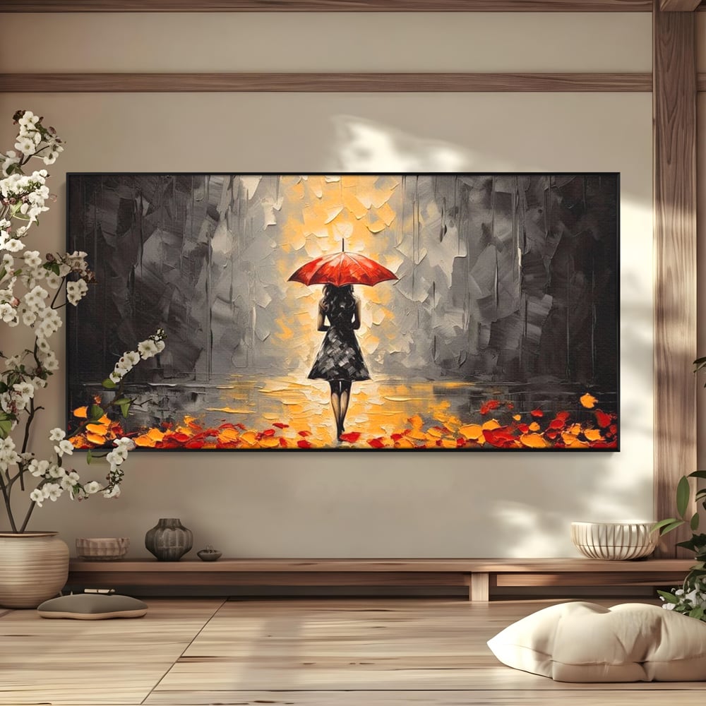 Leinwandbilder LuxCanva Premium Leinwandbilder® G1033, Herbst, Single, Regen, Regenschirm, Rot, Blätter, Schritte, Herbst, Frauen, Frauen, Wohnen, Schlafzimmer, Lebendige Farben