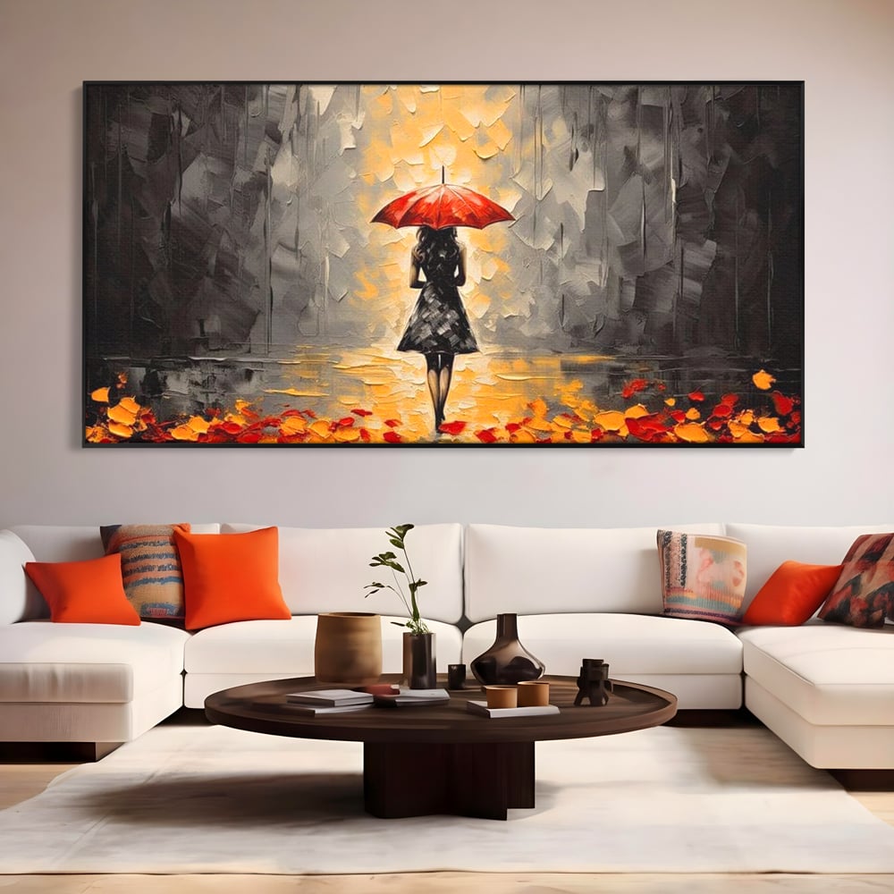 Leinwandbilder LuxCanva Premium Leinwandbilder® G1033, Herbst, Single, Regen, Regenschirm, Rot, Blätter, Schritte, Herbst, Frauen, Frauen, Wohnen, Schlafzimmer, Lebendige Farben