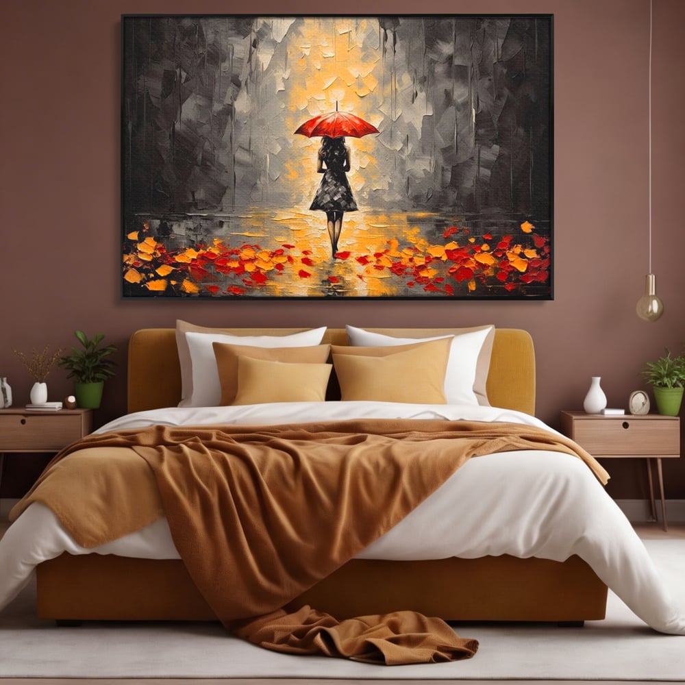 Leinwandbilder LuxCanva Premium Leinwandbilder® G1033, Herbst, Single, Regen, Regenschirm, Rot, Blätter, Schritte, Herbst, Frauen, Frauen, Wohnen, Schlafzimmer, Lebendige Farben