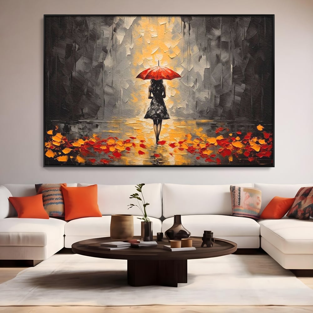 Leinwandbilder LuxCanva Premium Leinwandbilder® G1033, Herbst, Single, Regen, Regenschirm, Rot, Blätter, Schritte, Herbst, Frauen, Frauen, Wohnen, Schlafzimmer, Lebendige Farben