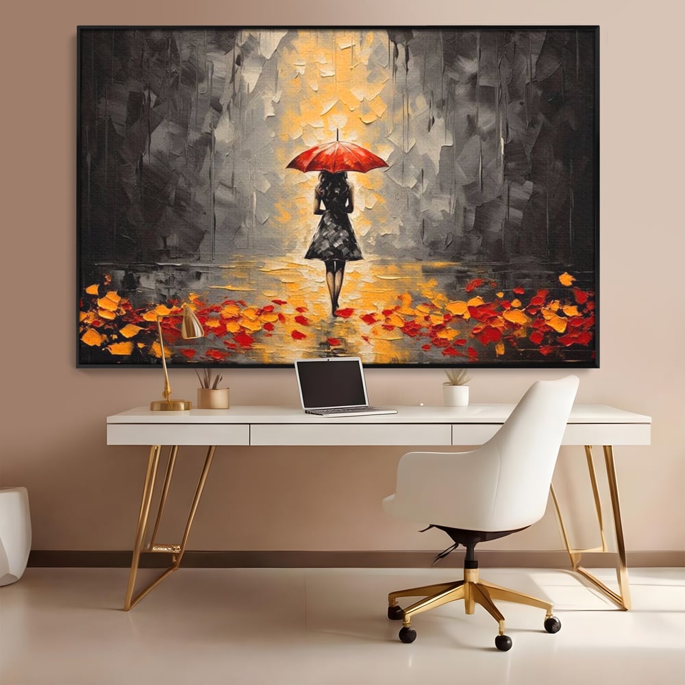 Leinwandbilder LuxCanva Premium Leinwandbilder® G1033, Herbst, Single, Regen, Regenschirm, Rot, Blätter, Schritte, Herbst, Frauen, Frauen, Wohnen, Schlafzimmer, Lebendige Farben