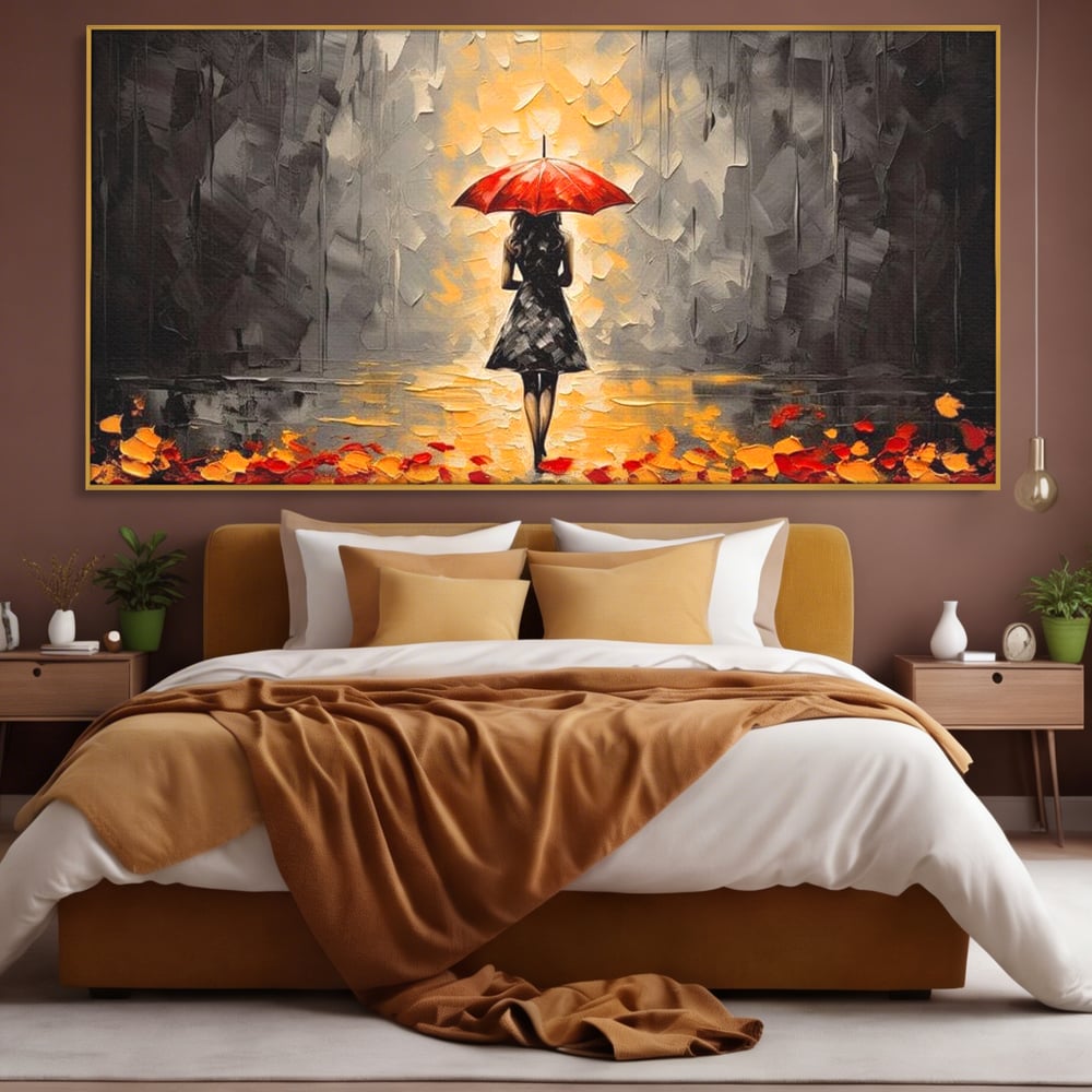 Leinwandbilder LuxCanva Premium Leinwandbilder® G1033, Herbst, Single, Regen, Regenschirm, Rot, Blätter, Schritte, Herbst, Frauen, Frauen, Wohnen, Schlafzimmer, Lebendige Farben