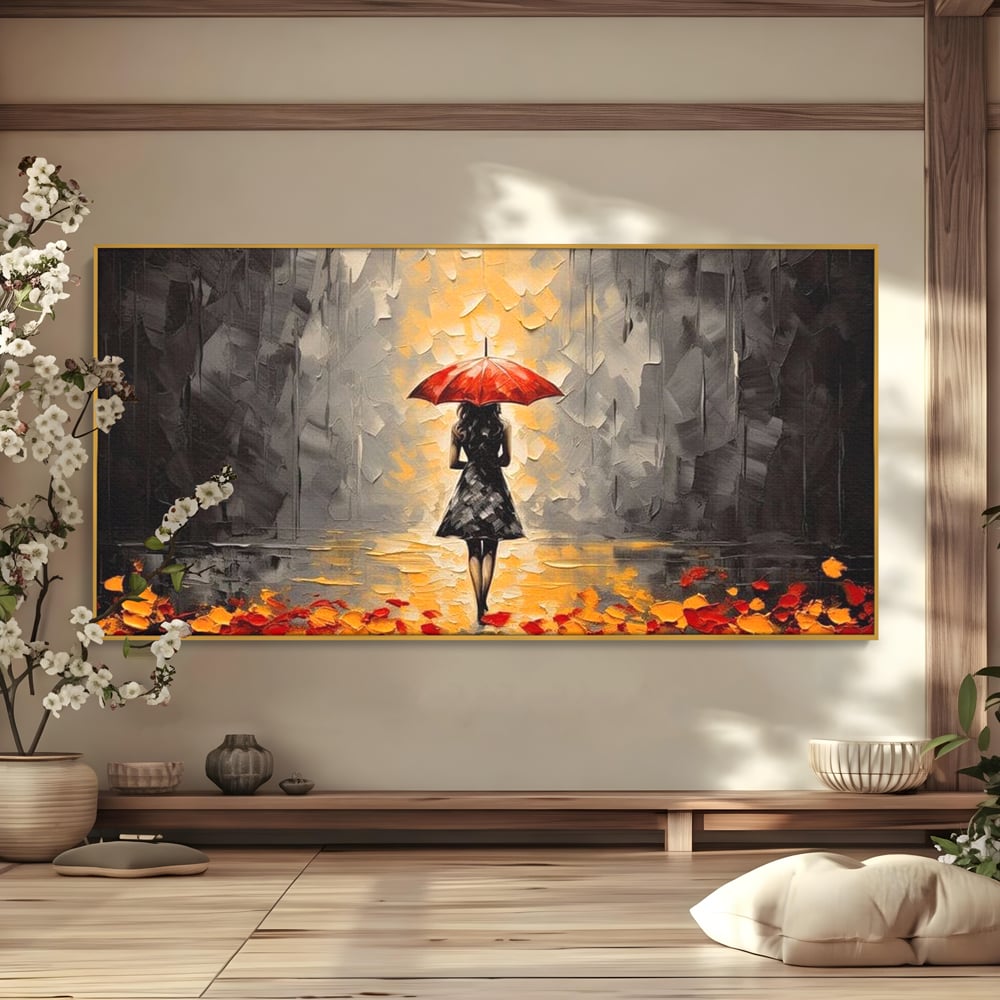 Leinwandbilder LuxCanva Premium Leinwandbilder® G1033, Herbst, Single, Regen, Regenschirm, Rot, Blätter, Schritte, Herbst, Frauen, Frauen, Wohnen, Schlafzimmer, Lebendige Farben