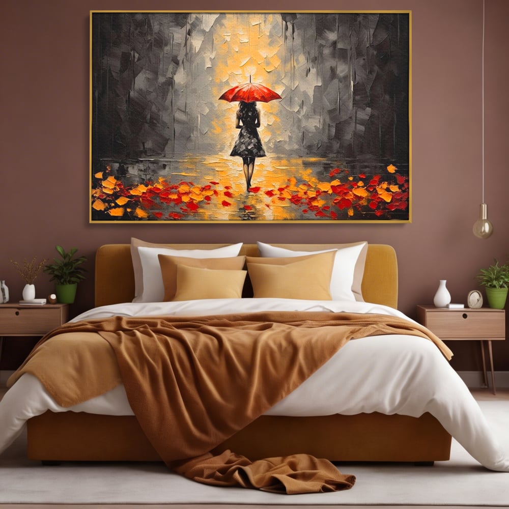 Leinwandbilder LuxCanva Premium Leinwandbilder® G1033, Herbst, Single, Regen, Regenschirm, Rot, Blätter, Schritte, Herbst, Frauen, Frauen, Wohnen, Schlafzimmer, Lebendige Farben