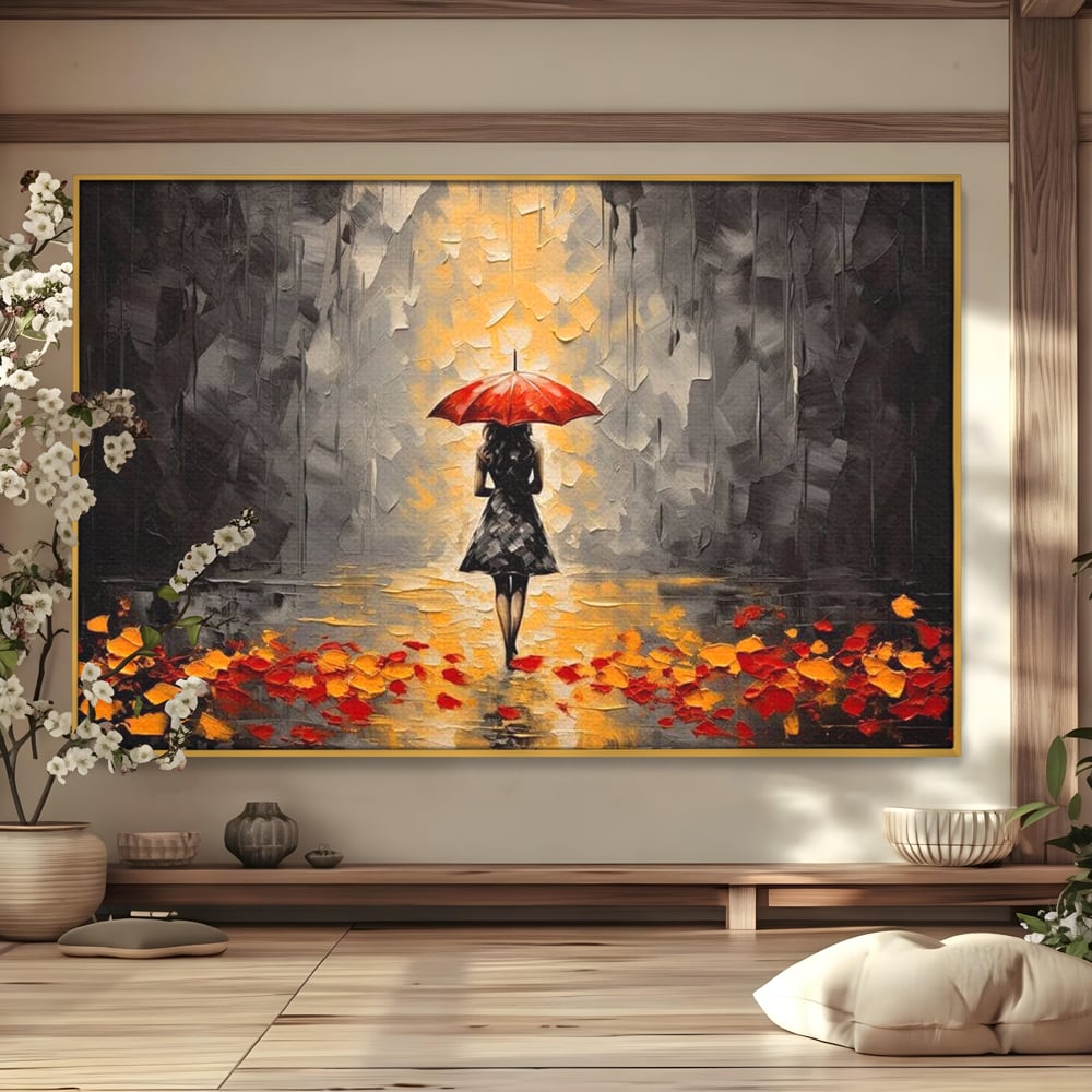 Leinwandbilder LuxCanva Premium Leinwandbilder® G1033, Herbst, Single, Regen, Regenschirm, Rot, Blätter, Schritte, Herbst, Frauen, Frauen, Wohnen, Schlafzimmer, Lebendige Farben