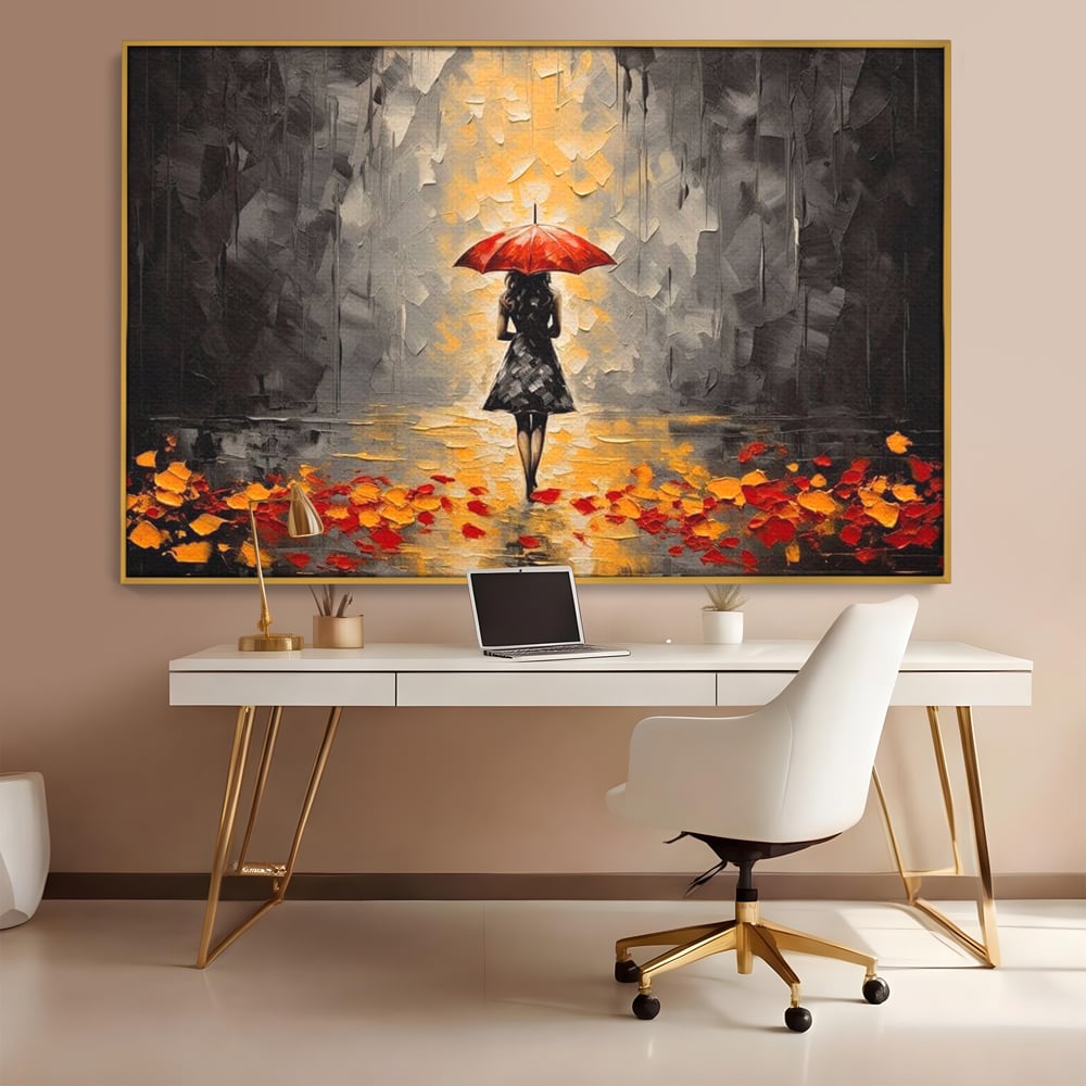 Leinwandbilder LuxCanva Premium Leinwandbilder® G1033, Herbst, Single, Regen, Regenschirm, Rot, Blätter, Schritte, Herbst, Frauen, Frauen, Wohnen, Schlafzimmer, Lebendige Farben