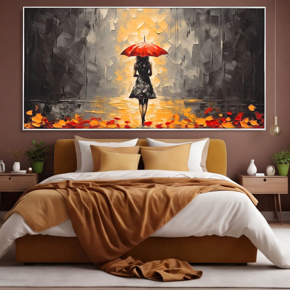 Leinwandbilder LuxCanva Premium Leinwandbilder® G1033, Herbst, Single, Regen, Regenschirm, Rot, Blätter, Schritte, Herbst, Frauen, Frauen, Wohnen, Schlafzimmer, Lebendige Farben