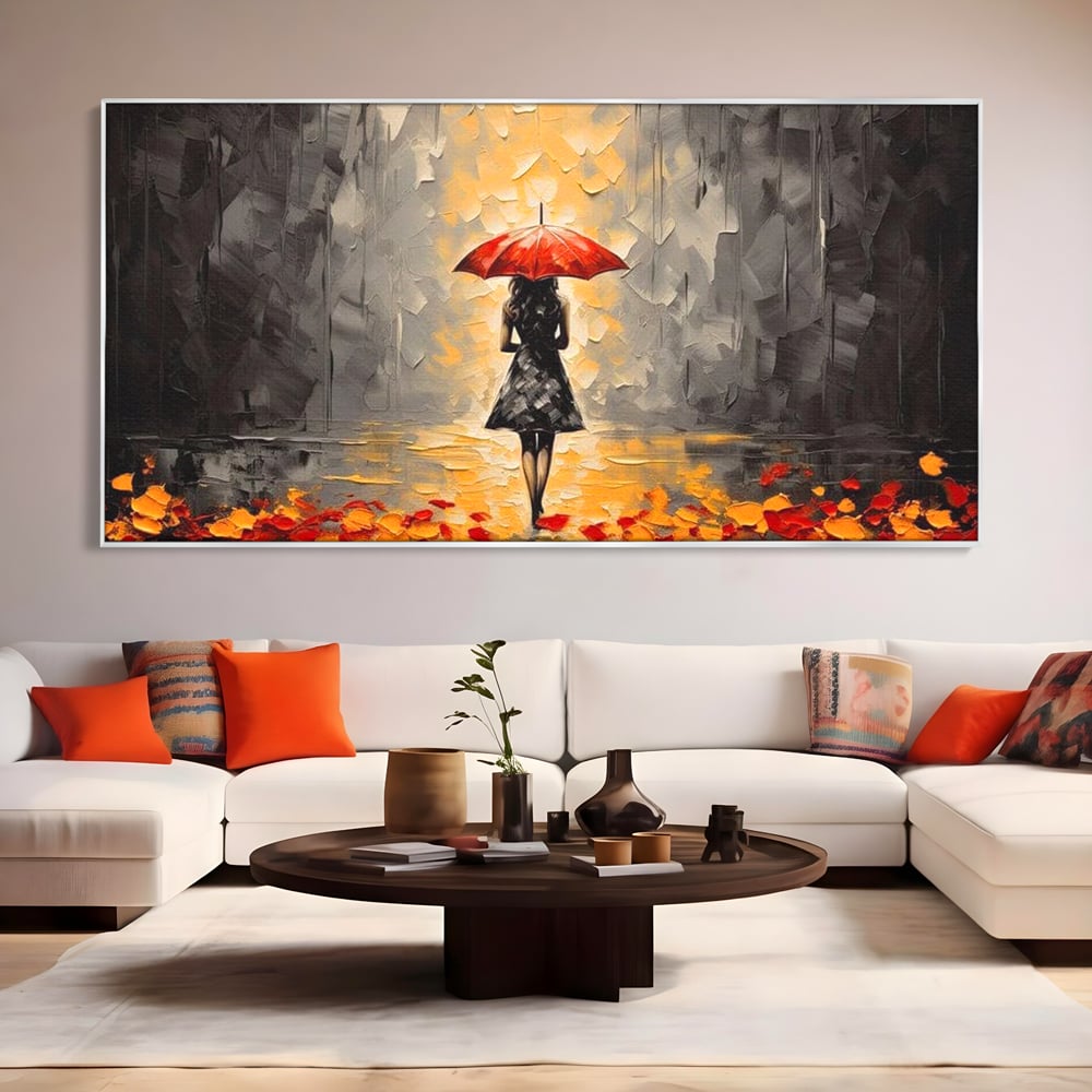 Leinwandbilder LuxCanva Premium Leinwandbilder® G1033, Herbst, Single, Regen, Regenschirm, Rot, Blätter, Schritte, Herbst, Frauen, Frauen, Wohnen, Schlafzimmer, Lebendige Farben