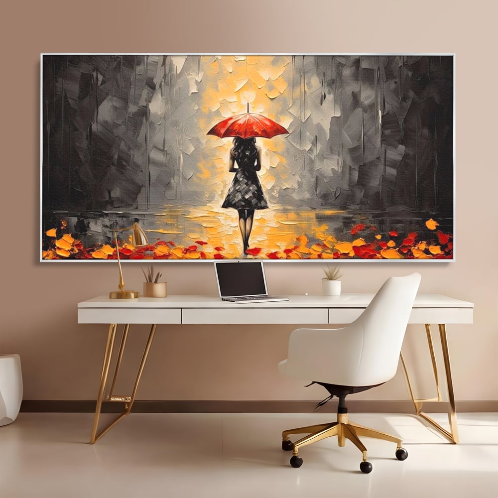 Leinwandbilder LuxCanva Premium Leinwandbilder® G1033, Herbst, Single, Regen, Regenschirm, Rot, Blätter, Schritte, Herbst, Frauen, Frauen, Wohnen, Schlafzimmer, Lebendige Farben