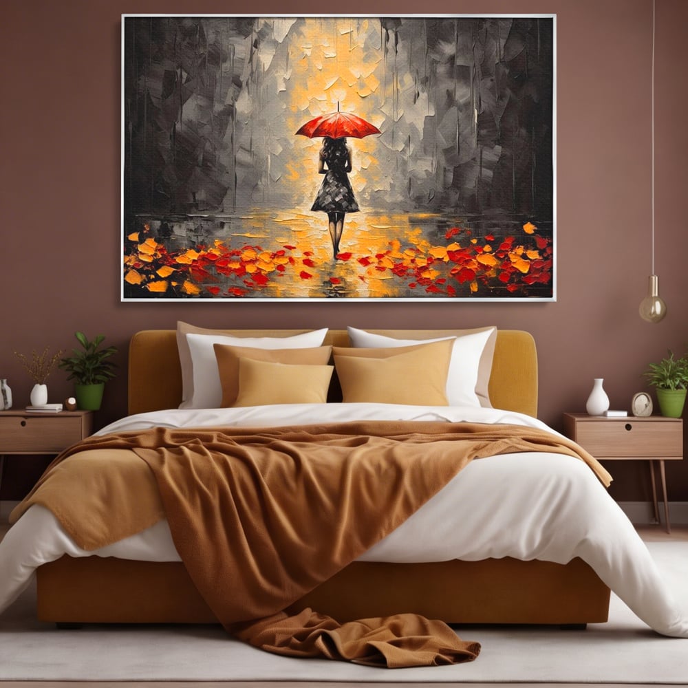 Leinwandbilder LuxCanva Premium Leinwandbilder® G1033, Herbst, Single, Regen, Regenschirm, Rot, Blätter, Schritte, Herbst, Frauen, Frauen, Wohnen, Schlafzimmer, Lebendige Farben
