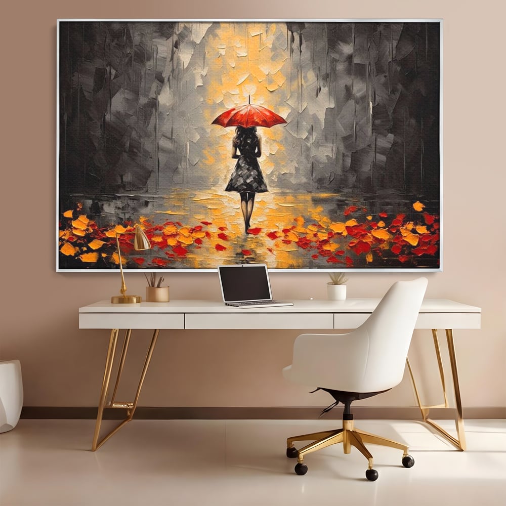 Leinwandbilder LuxCanva Premium Leinwandbilder® G1033, Herbst, Single, Regen, Regenschirm, Rot, Blätter, Schritte, Herbst, Frauen, Frauen, Wohnen, Schlafzimmer, Lebendige Farben