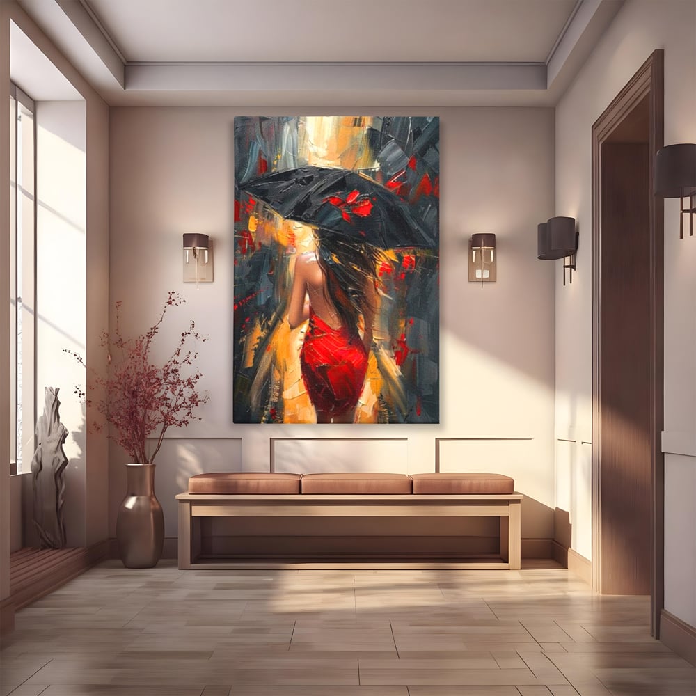 Tablou Canvas Premium LuxCanva® G1034, Pasi prin Furtuna ,  Ploaie, Oras, Feminitate, Pasiune, Modernitate, Par, Lung, Living, Dormitor, Culori vibrante