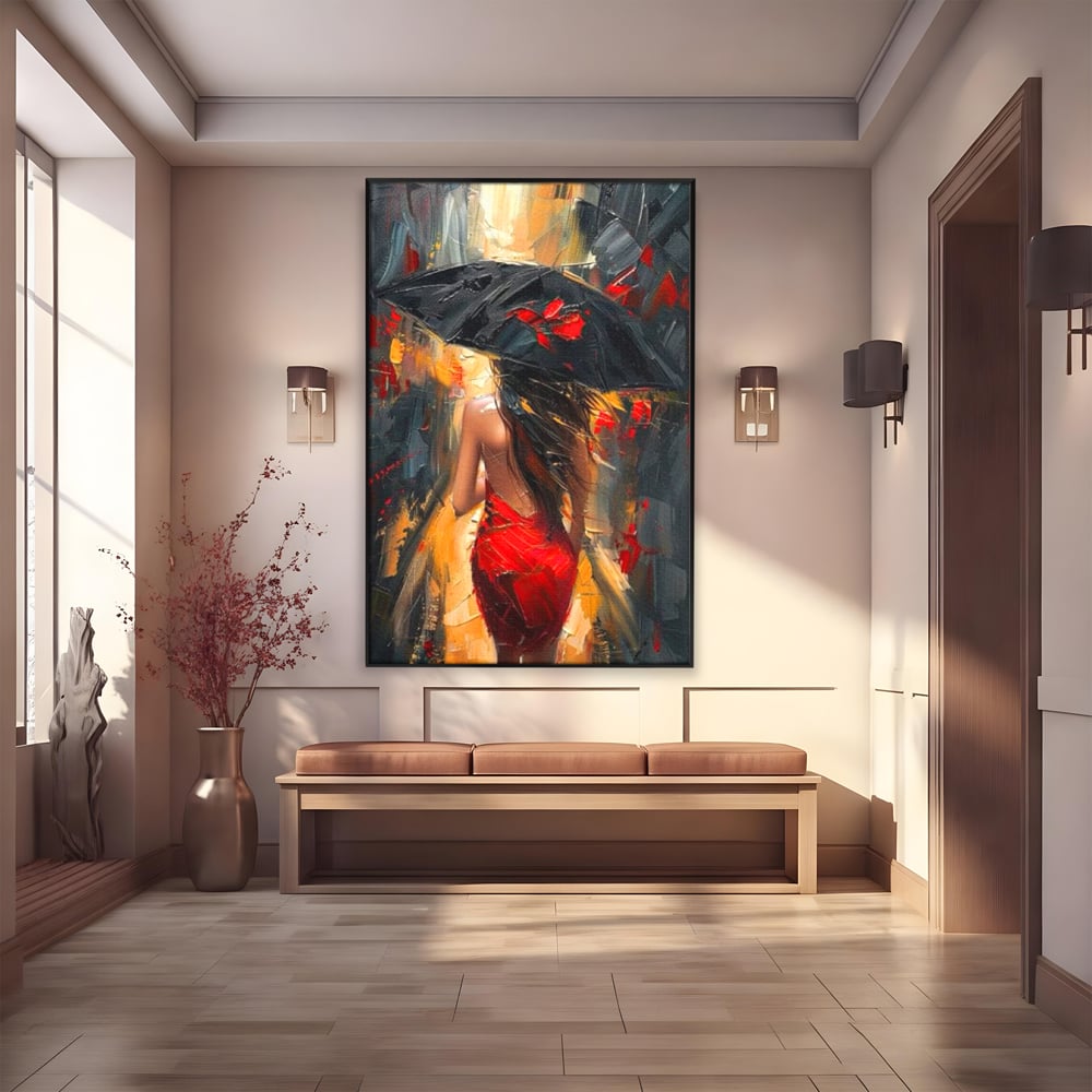 Tablou Canvas Premium LuxCanva® G1034, Pasi prin Furtuna ,  Ploaie, Oras, Feminitate, Pasiune, Modernitate, Par, Lung, Living, Dormitor, Culori vibrante