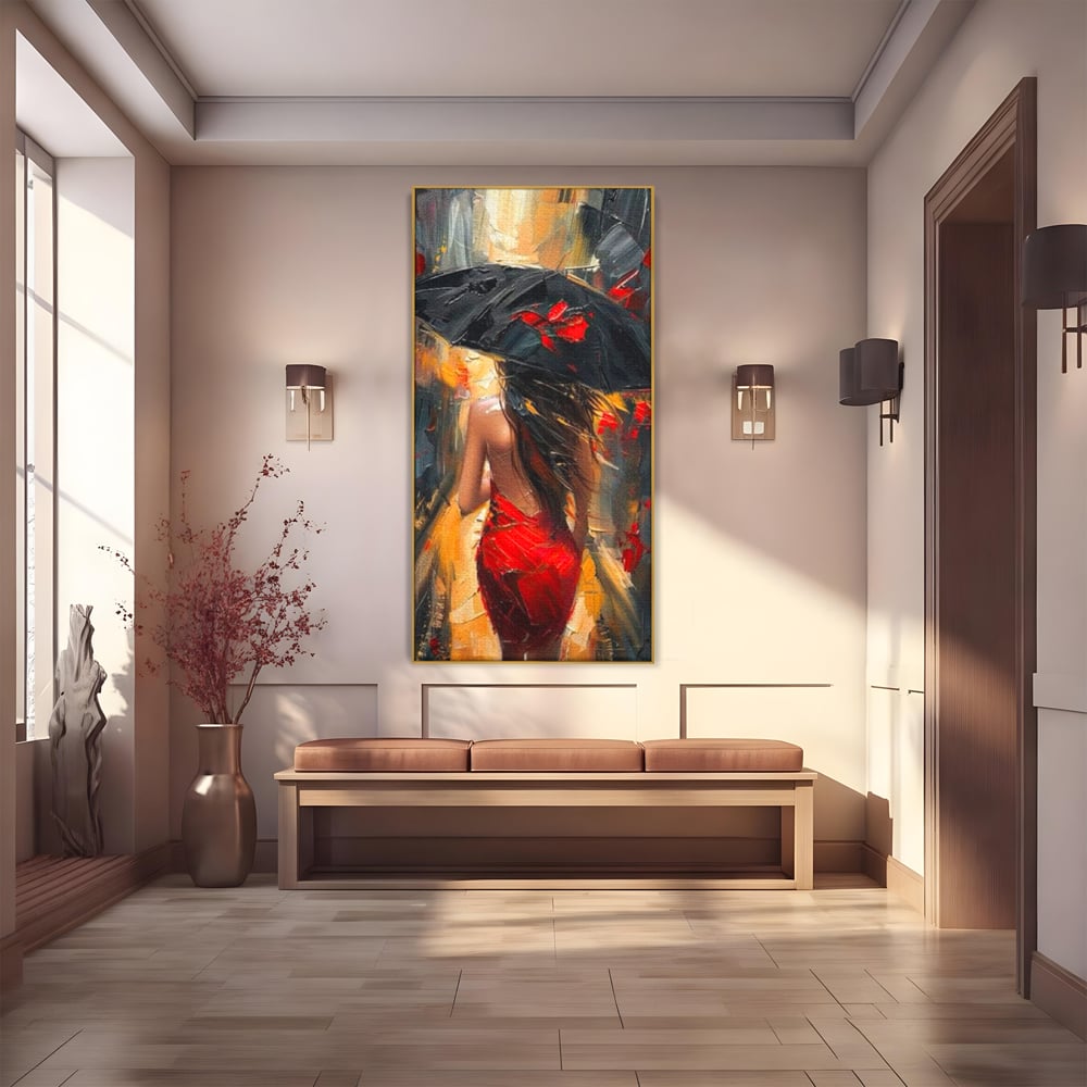 Tablou Canvas Premium LuxCanva® G1034, Pasi prin Furtuna ,  Ploaie, Oras, Feminitate, Pasiune, Modernitate, Par, Lung, Living, Dormitor, Culori vibrante