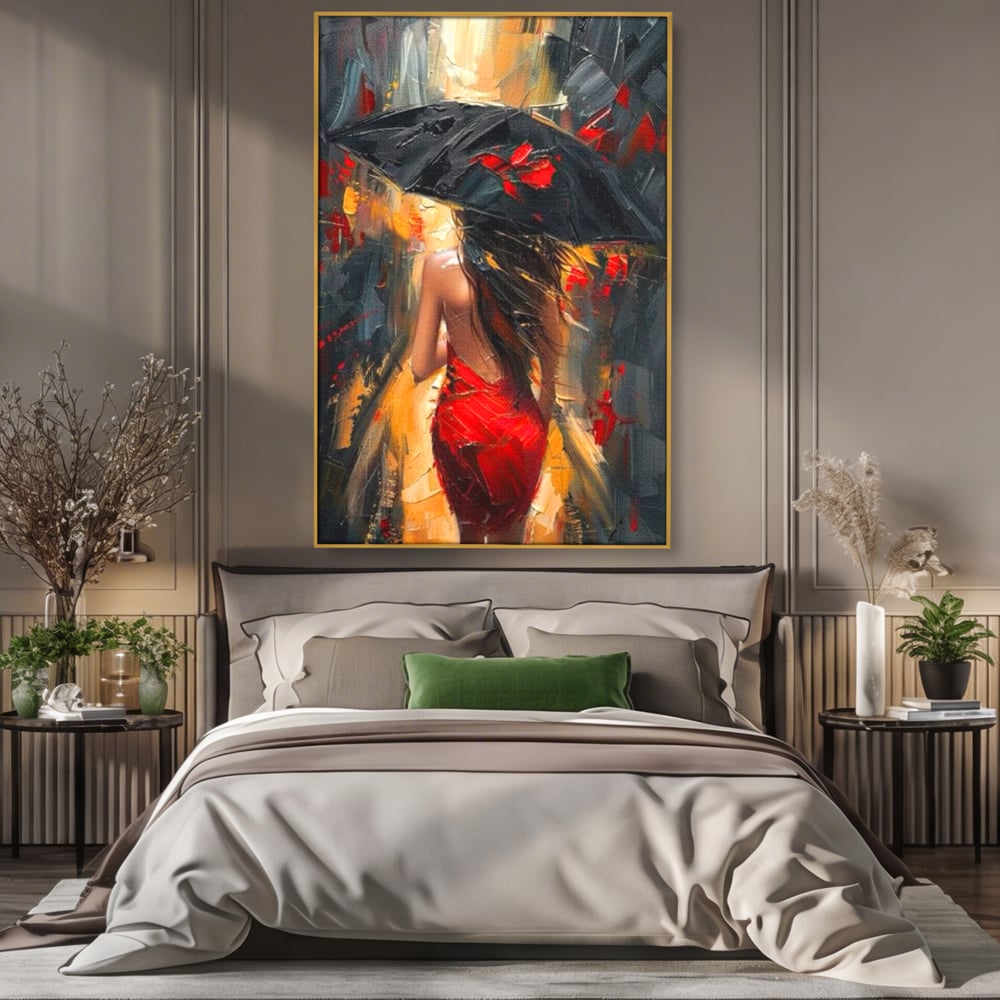 Tablou Canvas Premium LuxCanva® G1034, Pasi prin Furtuna ,  Ploaie, Oras, Feminitate, Pasiune, Modernitate, Par, Lung, Living, Dormitor, Culori vibrante
