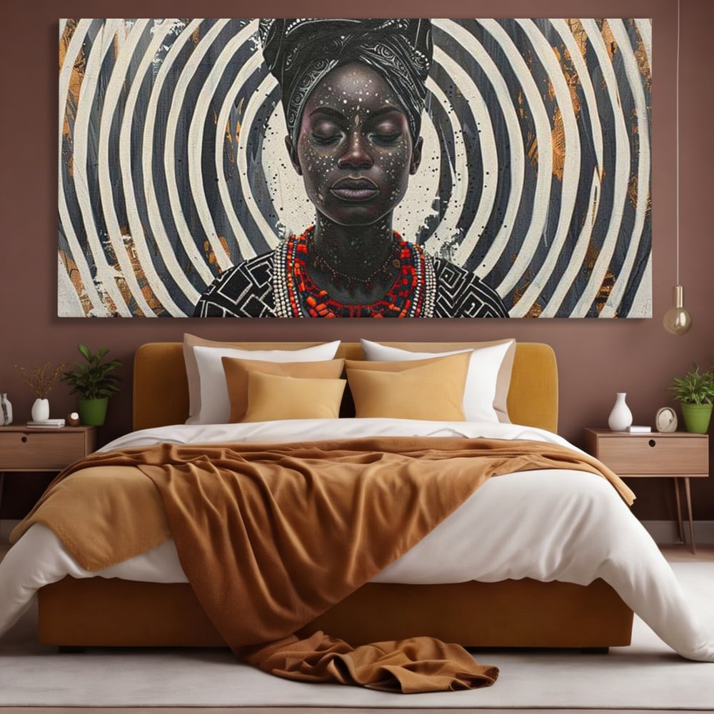Tablou Canvas Premium LuxCanva® G1036, Regina Timpului , Ancestral, Spirala, Africa, Tribal, Geometrie, Turban, Living, Dormitor, Culori vibrante