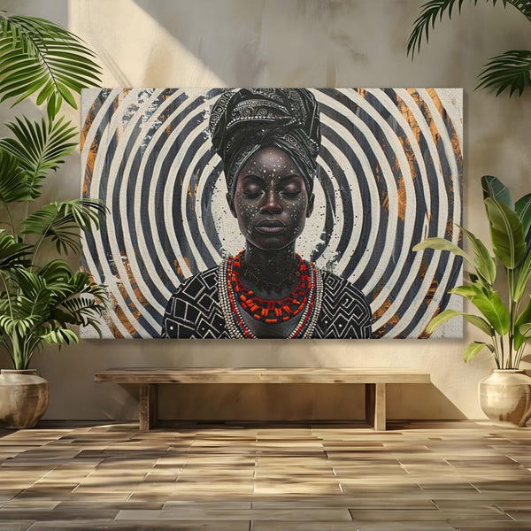 Tablou Canvas Premium LuxCanva® G1036, Regina Timpului , Ancestral, Spirala, Africa, Tribal, Geometrie, Turban, Living, Dormitor, Culori vibrante