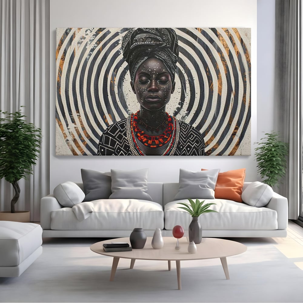 Tablou Canvas Premium LuxCanva® G1036, Regina Timpului , Ancestral, Spirala, Africa, Tribal, Geometrie, Turban, Living, Dormitor, Culori vibrante