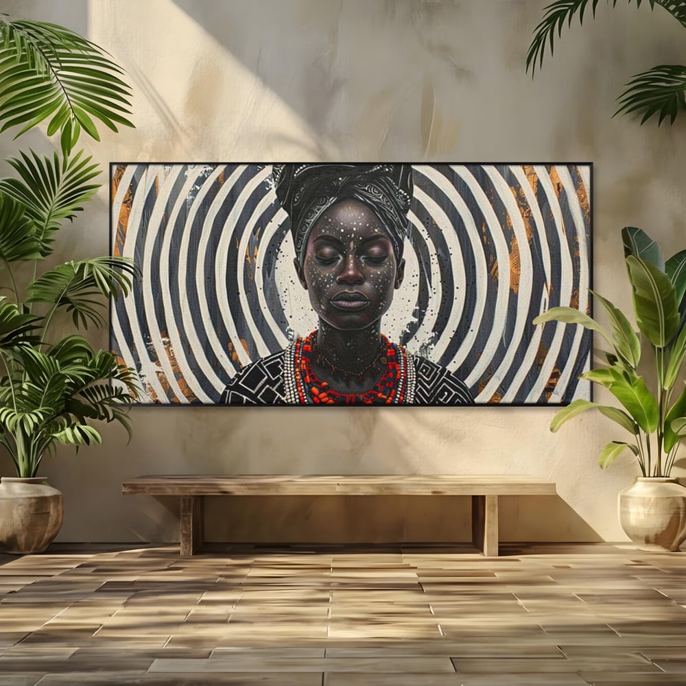 Tablou Canvas Premium LuxCanva® G1036, Regina Timpului , Ancestral, Spirala, Africa, Tribal, Geometrie, Turban, Living, Dormitor, Culori vibrante