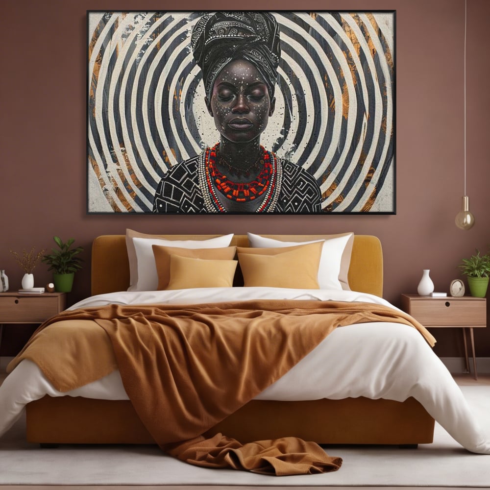 Tablou Canvas Premium LuxCanva® G1036, Regina Timpului , Ancestral, Spirala, Africa, Tribal, Geometrie, Turban, Living, Dormitor, Culori vibrante