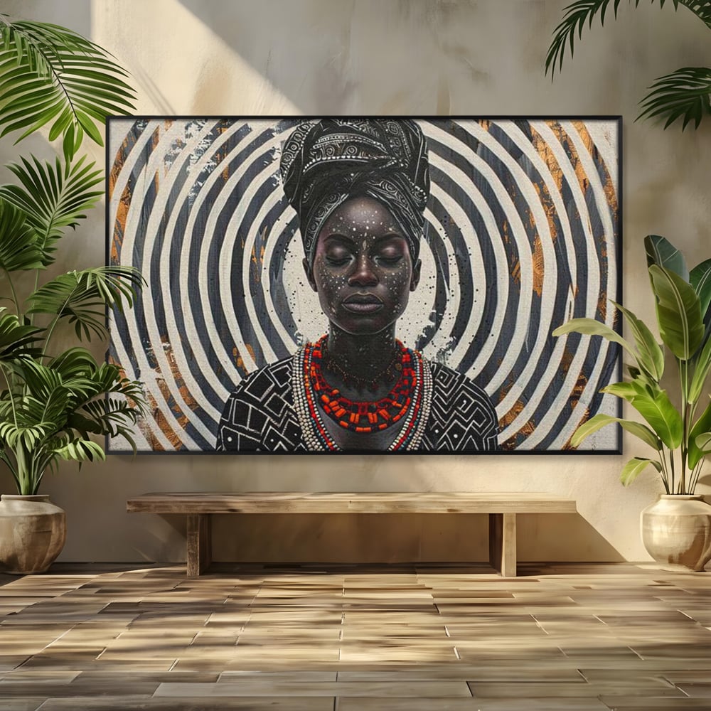 Tablou Canvas Premium LuxCanva® G1036, Regina Timpului , Ancestral, Spirala, Africa, Tribal, Geometrie, Turban, Living, Dormitor, Culori vibrante