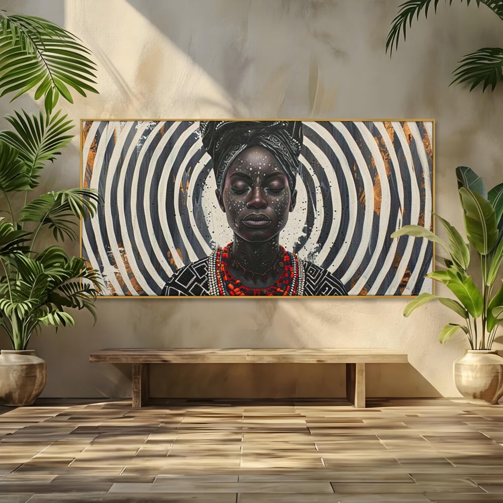 Tablou Canvas Premium LuxCanva® G1036, Regina Timpului , Ancestral, Spirala, Africa, Tribal, Geometrie, Turban, Living, Dormitor, Culori vibrante