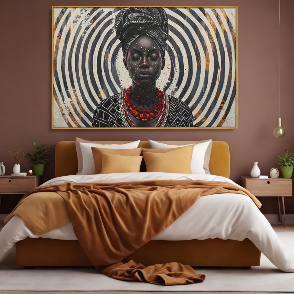 Tablou Canvas Premium LuxCanva® G1036, Regina Timpului , Ancestral, Spirala, Africa, Tribal, Geometrie, Turban, Living, Dormitor, Culori vibrante