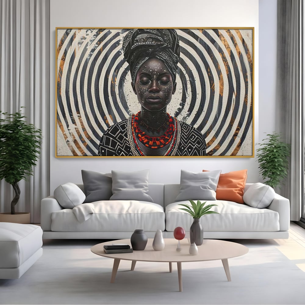 Tablou Canvas Premium LuxCanva® G1036, Regina Timpului , Ancestral, Spirala, Africa, Tribal, Geometrie, Turban, Living, Dormitor, Culori vibrante