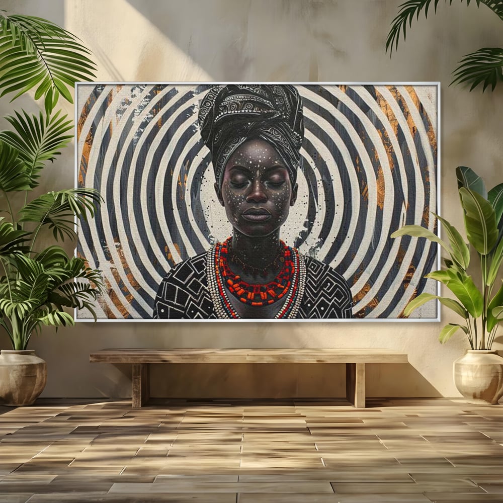 Tablou Canvas Premium LuxCanva® G1036, Regina Timpului , Ancestral, Spirala, Africa, Tribal, Geometrie, Turban, Living, Dormitor, Culori vibrante