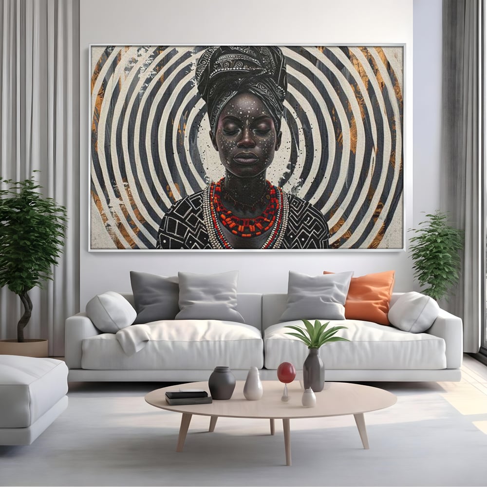 Tablou Canvas Premium LuxCanva® G1036, Regina Timpului , Ancestral, Spirala, Africa, Tribal, Geometrie, Turban, Living, Dormitor, Culori vibrante