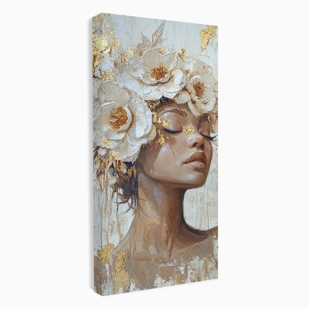 Leinwand Leinwand Wandkunst Premium LuxCanva® G1037, Essenz Angelika, Anmut, Geist, Gelassenheit, Schönheit, Göttlich, Weiß, Gold, Essenz, Wohnen, Schlafzimmer