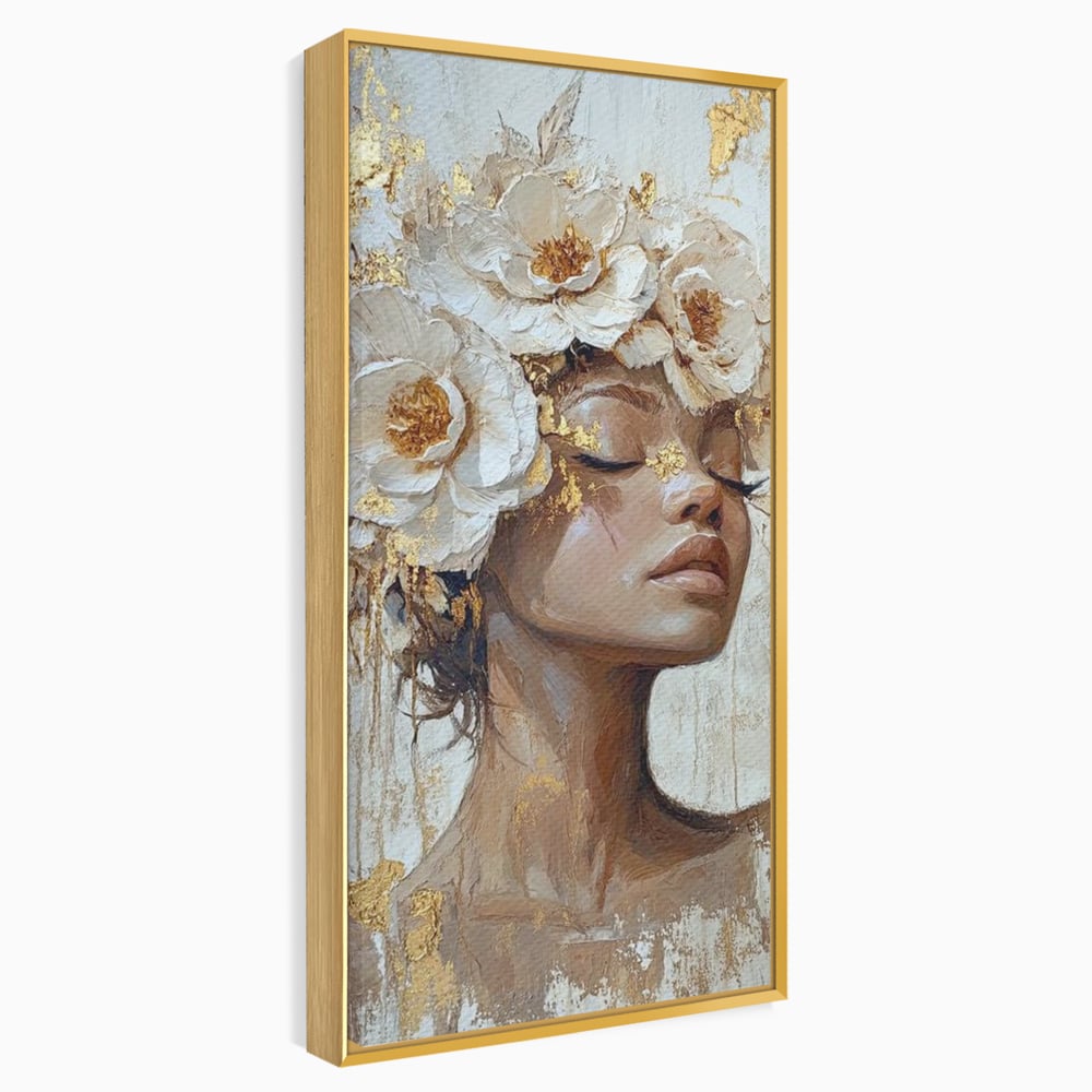Leinwand Leinwand Wandkunst Premium LuxCanva® G1037, Essenz Angelika, Anmut, Geist, Gelassenheit, Schönheit, Göttlich, Weiß, Gold, Essenz, Wohnen, Schlafzimmer