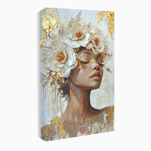 Leinwand Leinwand Wandkunst Premium LuxCanva® G1037, Essenz Angelika, Anmut, Geist, Gelassenheit, Schönheit, Göttlich, Weiß, Gold, Essenz, Wohnen, Schlafzimmer