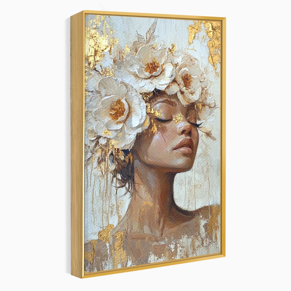 Leinwand Leinwand Wandkunst Premium LuxCanva® G1037, Essenz Angelika, Anmut, Geist, Gelassenheit, Schönheit, Göttlich, Weiß, Gold, Essenz, Wohnen, Schlafzimmer