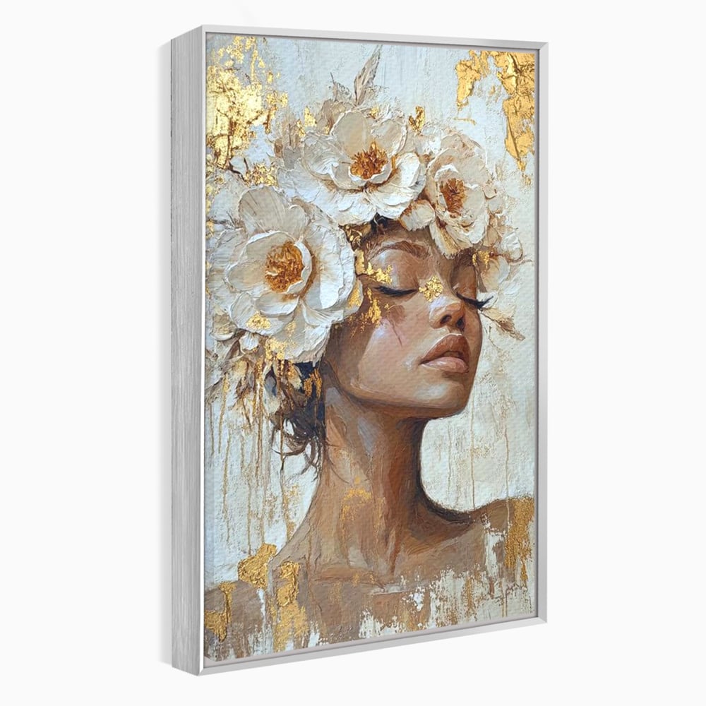 Leinwand Leinwand Wandkunst Premium LuxCanva® G1037, Essenz Angelika, Anmut, Geist, Gelassenheit, Schönheit, Göttlich, Weiß, Gold, Essenz, Wohnen, Schlafzimmer