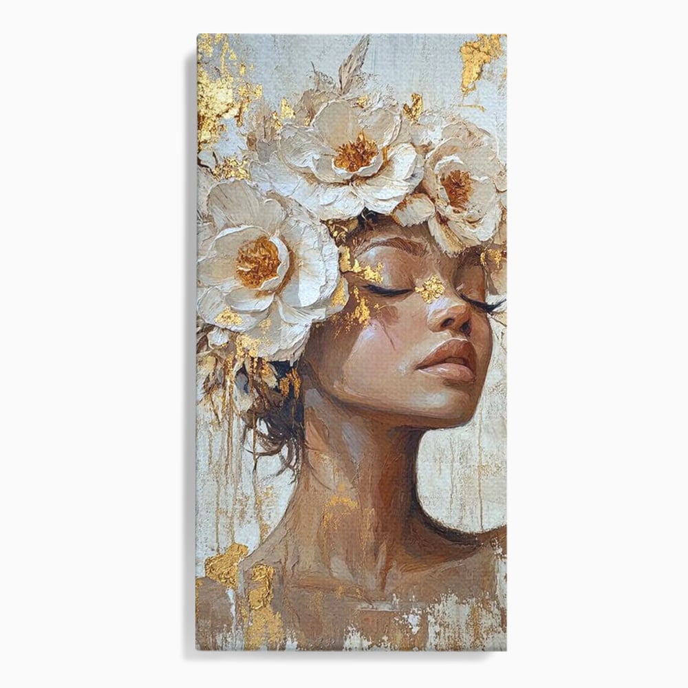 Leinwand Leinwand Wandkunst Premium LuxCanva® G1037, Essenz Angelika, Anmut, Geist, Gelassenheit, Schönheit, Göttlich, Weiß, Gold, Essenz, Wohnen, Schlafzimmer