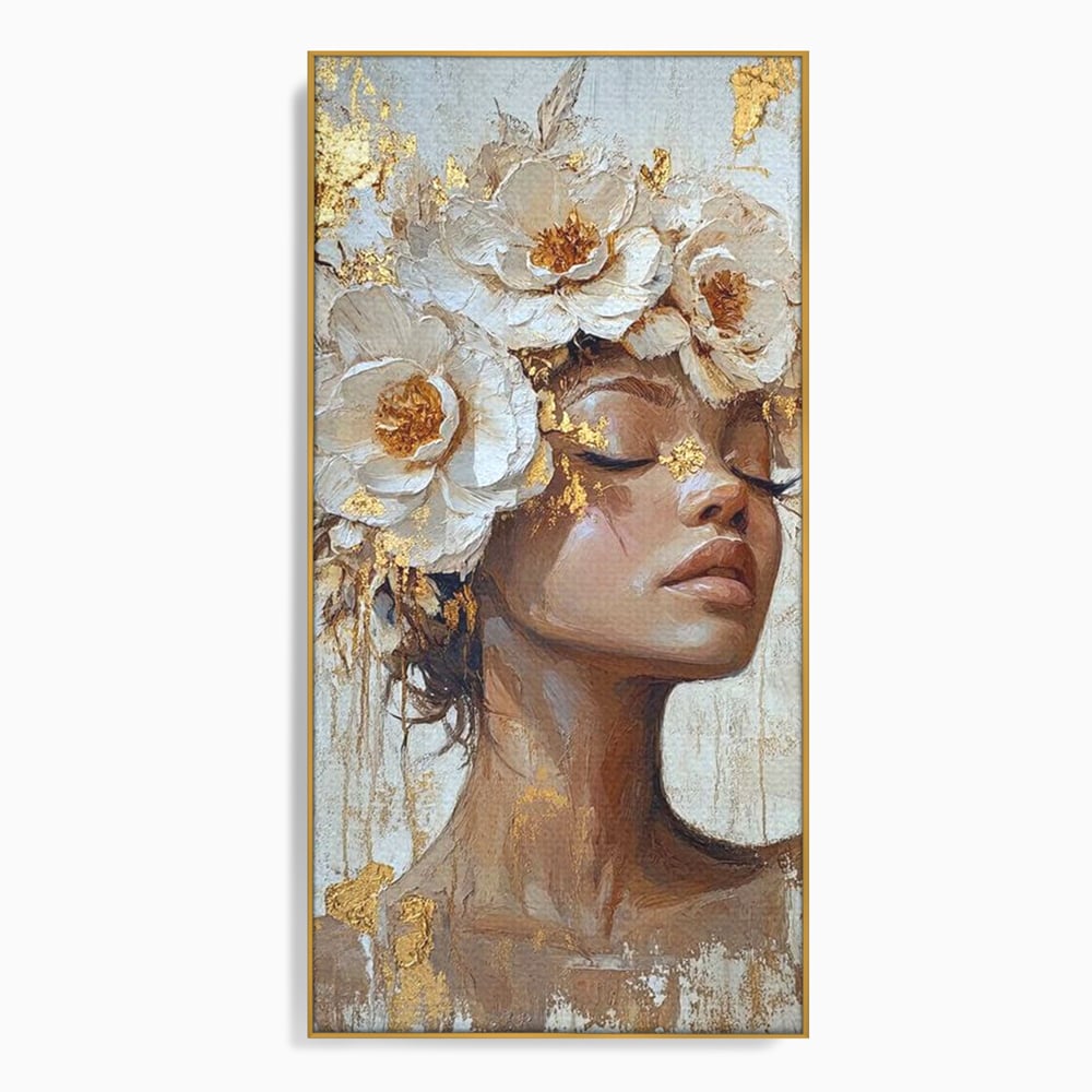 Leinwand Leinwand Wandkunst Premium LuxCanva® G1037, Essenz Angelika, Anmut, Geist, Gelassenheit, Schönheit, Göttlich, Weiß, Gold, Essenz, Wohnen, Schlafzimmer