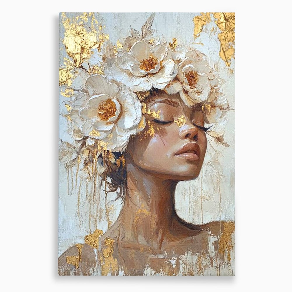 Leinwand Leinwand Wandkunst Premium LuxCanva® G1037, Essenz Angelika, Anmut, Geist, Gelassenheit, Schönheit, Göttlich, Weiß, Gold, Essenz, Wohnen, Schlafzimmer